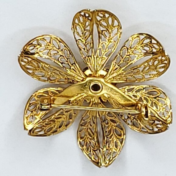 Vintage Filigree Floral Flower Brooch Green Moonglow Cabochon 1 5/8" - Picture 3 of 3